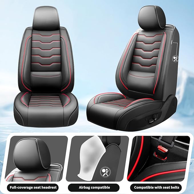 Fit Sonata Car Seat Covers Premium Leather for Hyundai Sonata 2007-2025 2026. Waterproof， Breathable, Scratch-Resistant & All-Weather Seat Cushion Protector（Front Seat,Red Line Black