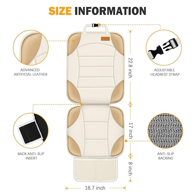 Siivton Car Seat Protector for Child Car Seats, Waterproof 600D Fabric Car Seat Cover, Non-Slip Backing, Thick Padding, Mesh Pockets for Storage, Protects Leather & Fabric Upholstery (Off-White)