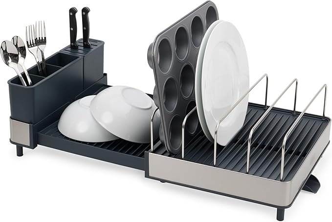 Joseph Joseph Extend Max Steel Expanding Dish Drying Rack, with high Capacity Large for Items, Cutlery and Knife Holder, Swivel Draining Spout, Stainless Steel