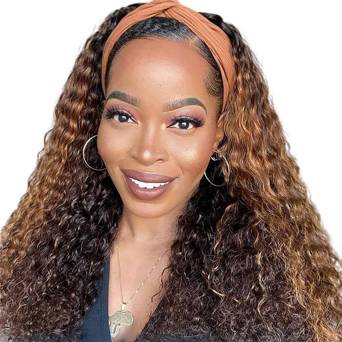 Xsy Headband Wig Human Hair Ombre Highlight Curly Human Hair Wig Headband Wigs For Black Women None Lace Front Wigs 150% Density
