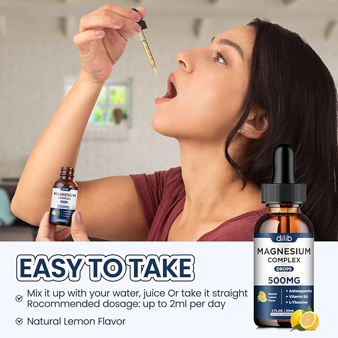 (2 Pack) Magnesium Glycinate, Citrate, Malate Liquid Drops-Triple Magnesium Complex Supplement 500mg with Ashwagandha, L-Theanine, Vitamin B6-Support Calm, Stress Relief, Sleep, Muscle-Lemon Flavor