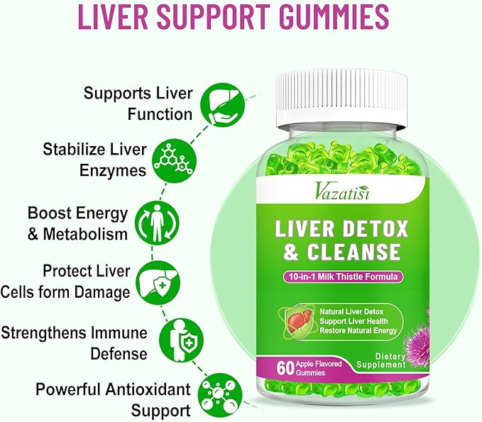 Liver Cleanse Detox Repair Gummies, Milk Thistle Gummies with Artichoke, Dandelion for Liver Support, Vegan & Non-GMO, Gelatin-Free, Apple Flavor 120ct