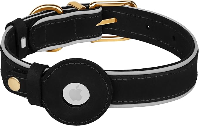 OOPSDOGGY Reflective Geniune Leather Airtag Dog Collar Soft Padded Collars for Small Medium Large Breed Dogs Puppy, 4 Sizes, 7 Colors (Black, XLarge, 19"-24")
