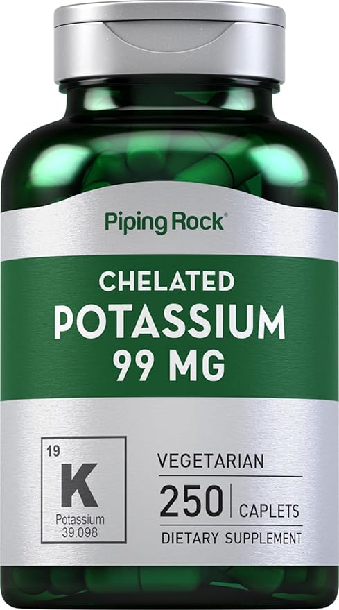 Piping Rock Chelated Potassium Supplement 99 mg | 250 Caplets | Potassium Gluconate | Vegetarian, Non-GMO, Gluten Free