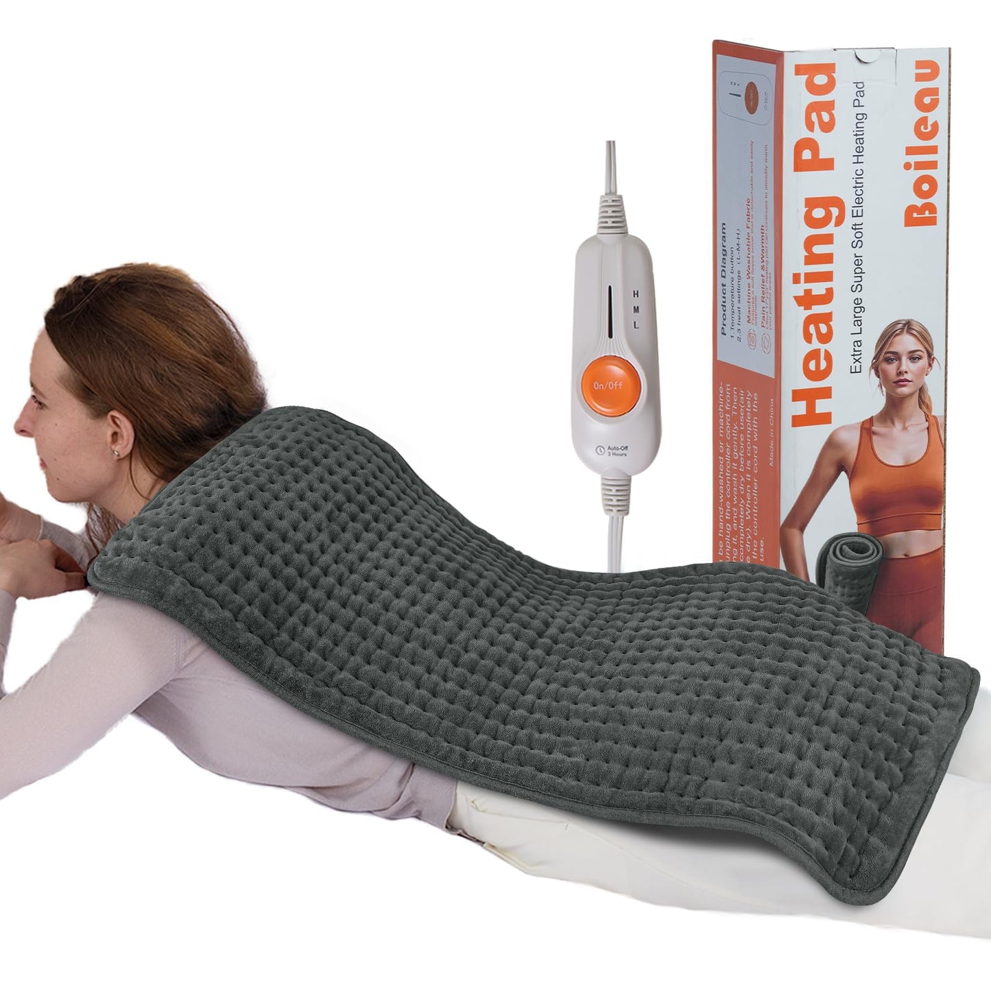 Boileau Electric Heating Pad for Back Pain and Period Cramps Relief, 17"x33" Extra Large XXXL, 3 Heating Levels Heat Pad with 2-Hour Auto Shut Off, Gifts for Women and Mom, Blue