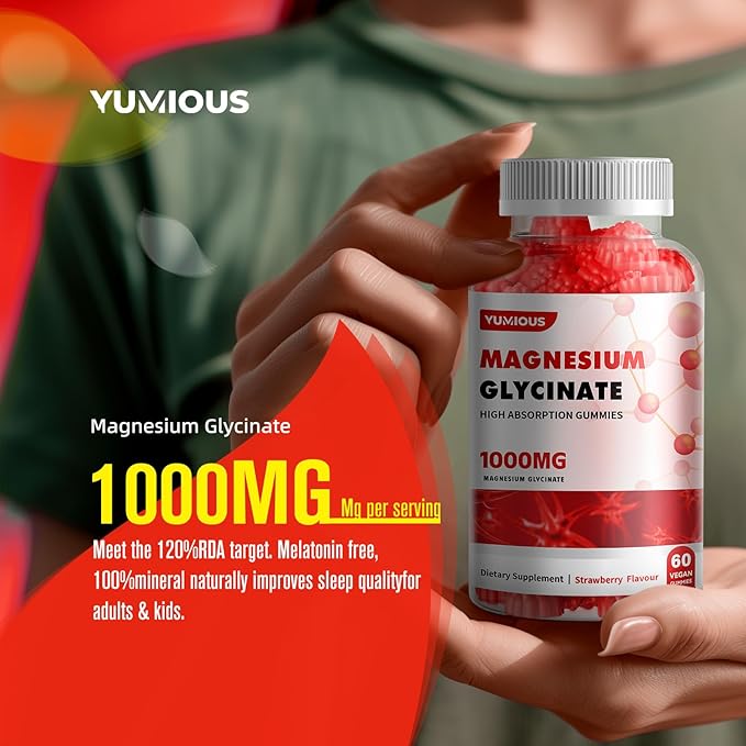 Magnesium Glycinate Gummies 1000mg - for Adults Magnesium Potassium Supplement with Vitamin D, B6, CoQ10 for Calm Mood & Sleep Support - 60 Strawberry Gummies -1 Pack