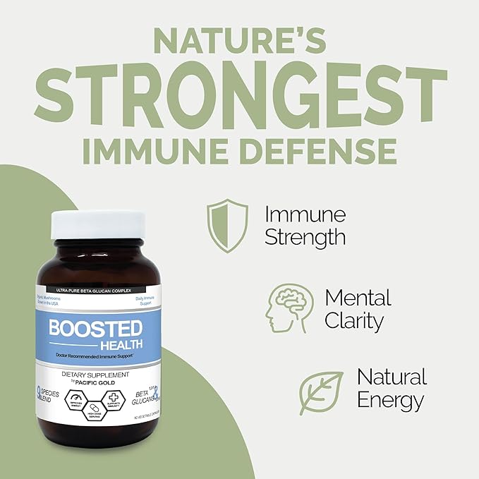 Boosted Health 9 Mushroom Complex Immune Support Supplement | Lions Mane Reishi Shiitake | Purified Beta Glucan | Brain Nootropic for Focus and Memory | Mental Clarity | Certified Organic 60 Capsules