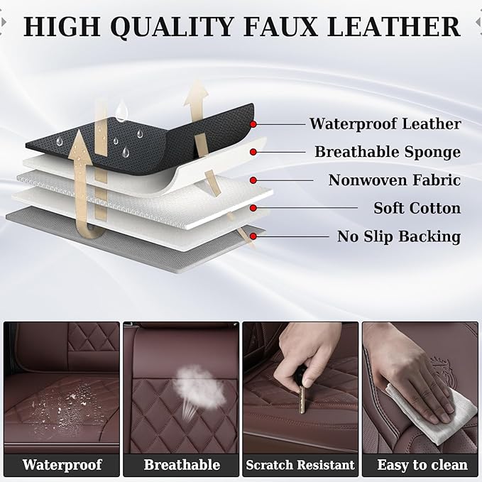 Coverado Car Seat Covers Full Set, Luxury Faux Leather Waterproof Seat Cover, Front and Back Car Seat Protector, Universal 5 Seat Leather Seat Cushion, Carseat Cover Fit Most Cars, Coffee