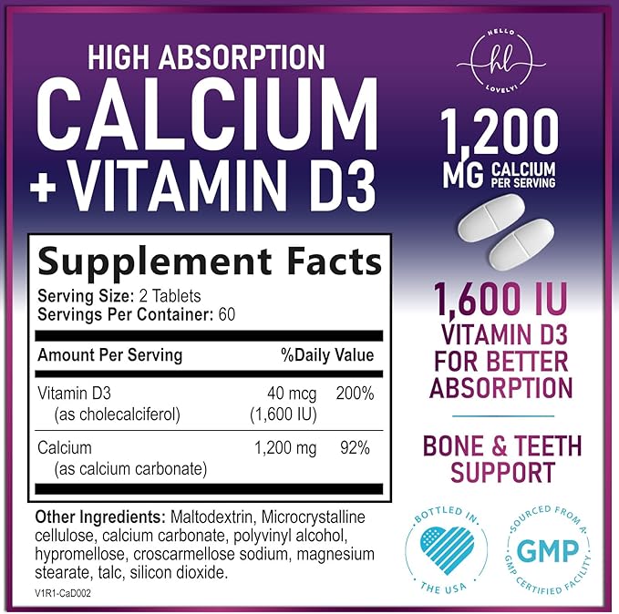 Calcium Supplements for Women 1200 mg Plus 1600 IU Vitamin D3, Bone Health, Teeth & Immune Support - Mineral Supplement with Vitamin D High Absorbable Premium Calcium Carbonate - 120 Tablets
