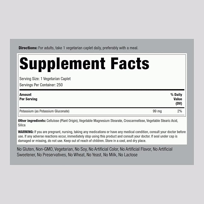 Piping Rock Chelated Potassium Supplement 99 mg | 250 Caplets | Potassium Gluconate | Vegetarian, Non-GMO, Gluten Free