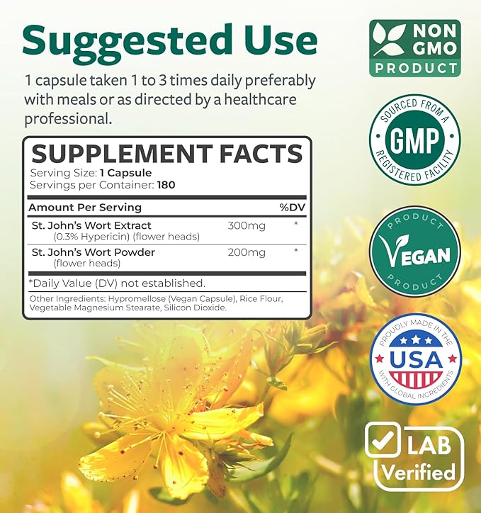 St. John's Wort - 180 Capsules (Non-GMO) Effective St Johns Wort Capsules - Powerful 900mcg Hypericin - Standardized Extract & Whole Herb Supplement - No Oil, Pills, Tea, Tincture - 500mg Per Capsule