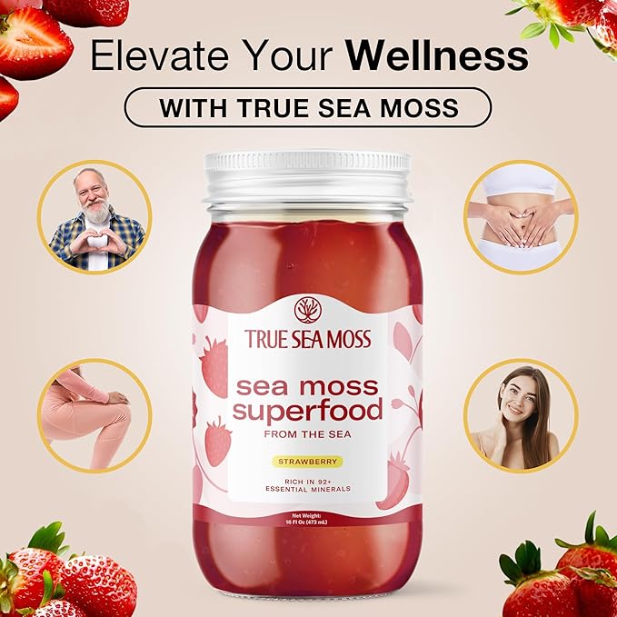 TrueSeaMoss Wildcrafted Irish Sea Moss Gel - Made with Dried Seaweed & Fresh Sea Vegetables, Seamoss - Made in USA (Strawberry, Pack of 2)