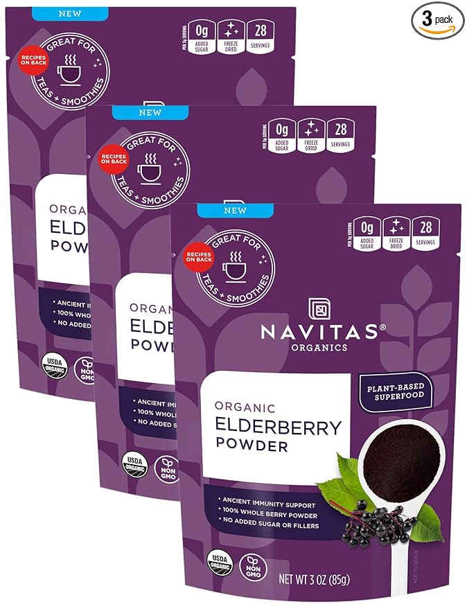Navitas Organics Elderberry Powder, 3oz Bag, 28 Servings — Organic, Non-GMO, 100% Whole Elderberry Powder for Immune Support (Pack of 3)