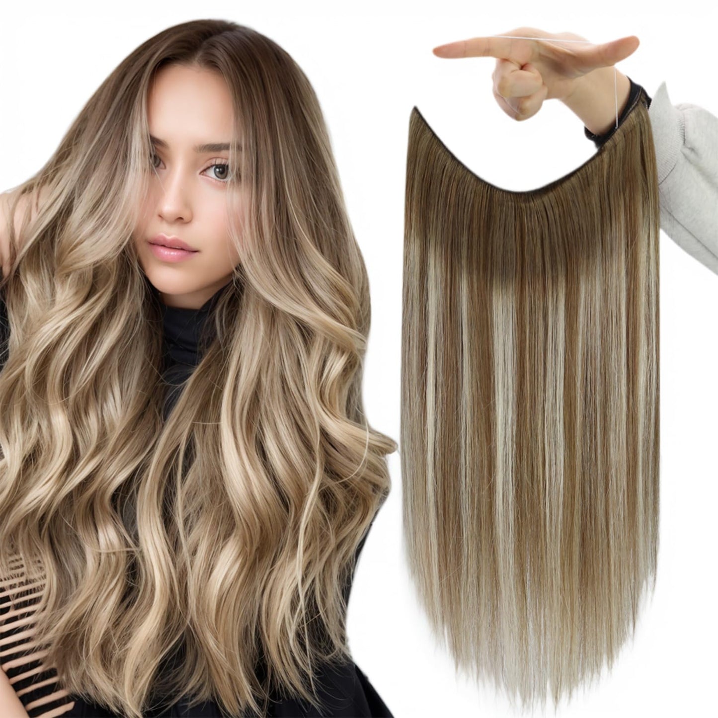Fshine Invisible Wire Hair Extensions Real Human Hair Chestnut Brown To Platinum Blonde One Piece Hair Extensions Clip In Human