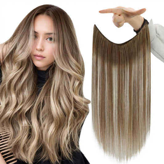 Fshine Invisible Wire Hair Extensions Real Human Hair Chestnut Brown To Platinum Blonde One Piece Hair Extensions Clip In Human