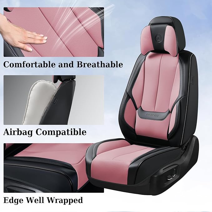 Coverado Universal Seat Covers Front, Universal Seat Covers for Cars, 2-Pack Waterproof Nappa Leather Car Seat Covers with Head Pillow, Auto Protectors Fit for Most Sedans Pick-up Truck-Black&Pink