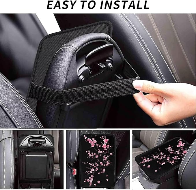 Center Console Cover Pink Floral Cherry Blossom Armrest Lid Cover Flower Arm Rest Cover Pad Middle Console Lid for Most Vehicle, SUV, Truck, Sedans, Black