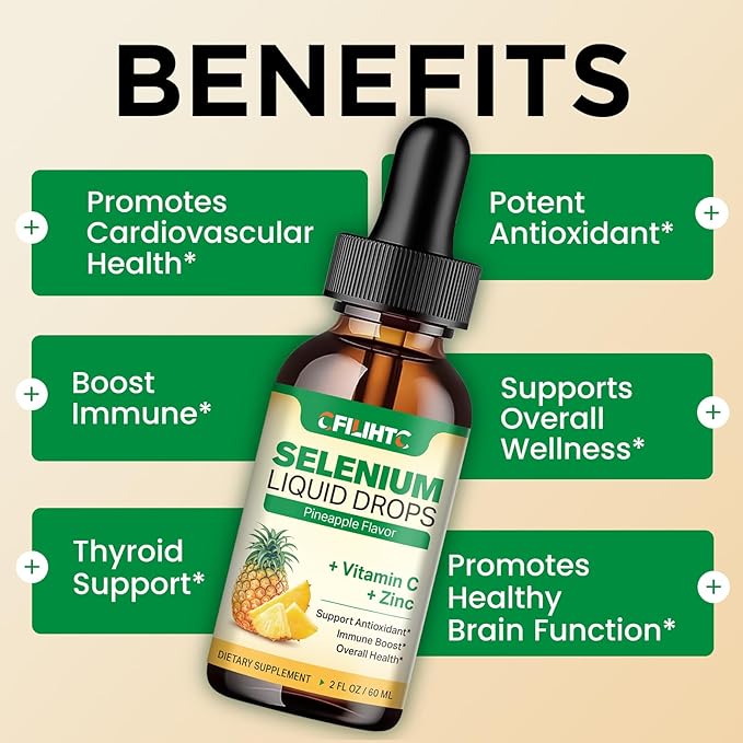 Selenium Liquid Drops, 200mcg Liquid Selenium Supplement with Vitamin C & Zinc, Support for Immune System, Antioxidant & Heart Health, High Absorption, Pineapple Flavor, 2 Fl Oz