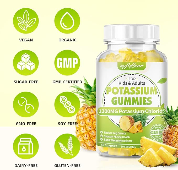 softbear Potassium Chloride Gummies 1200mg, Sugar-Free Potassium Gummies for Adults Support Leg Cramps High Potency Potassium Chloride Supplement, Pineapple Flavor 120 Count