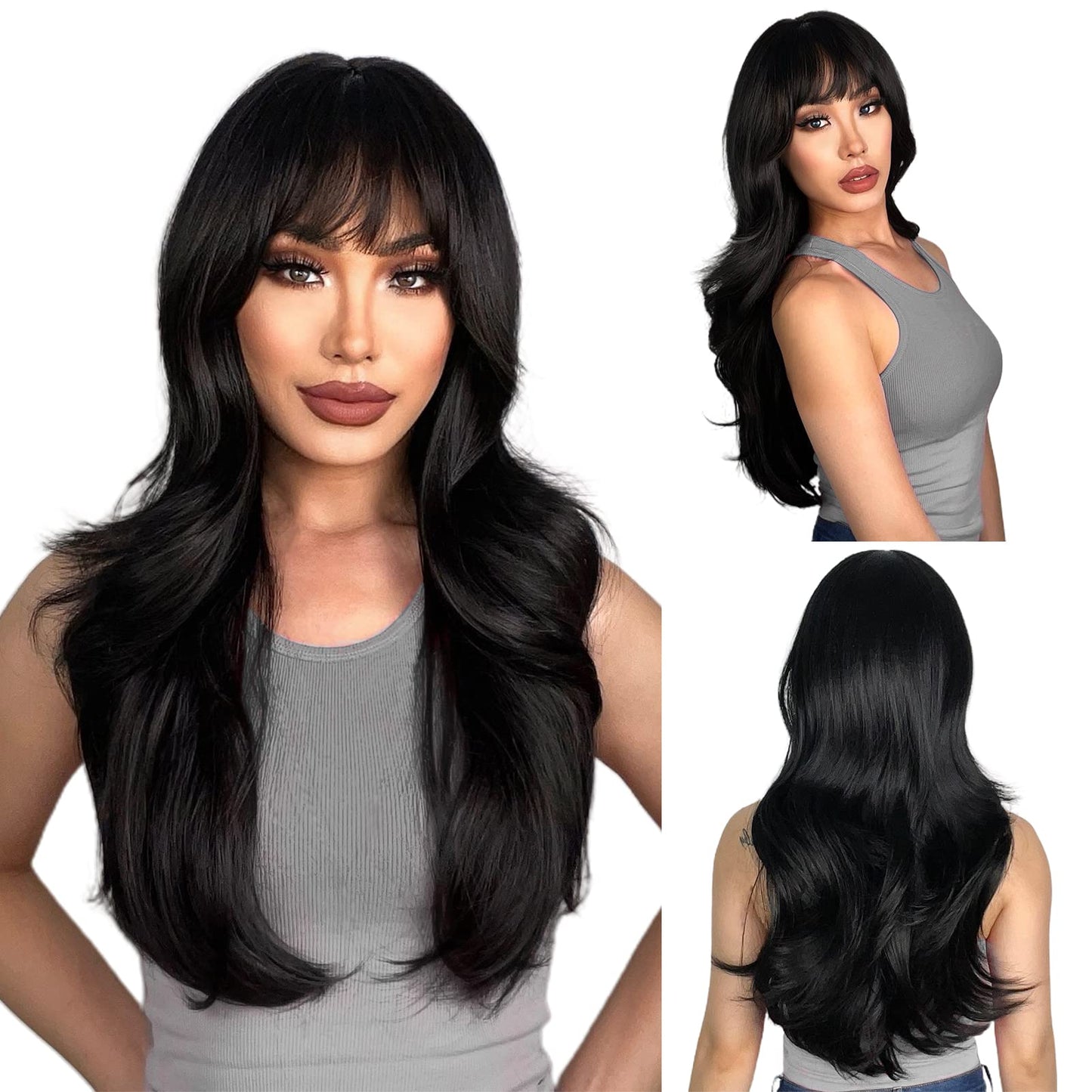 N Nayasa Long Black Wigs With Bangs Layered Wigs For Women Synthetic Heat Resistant Wig Natural Looking Realistic Wigs For Daily
