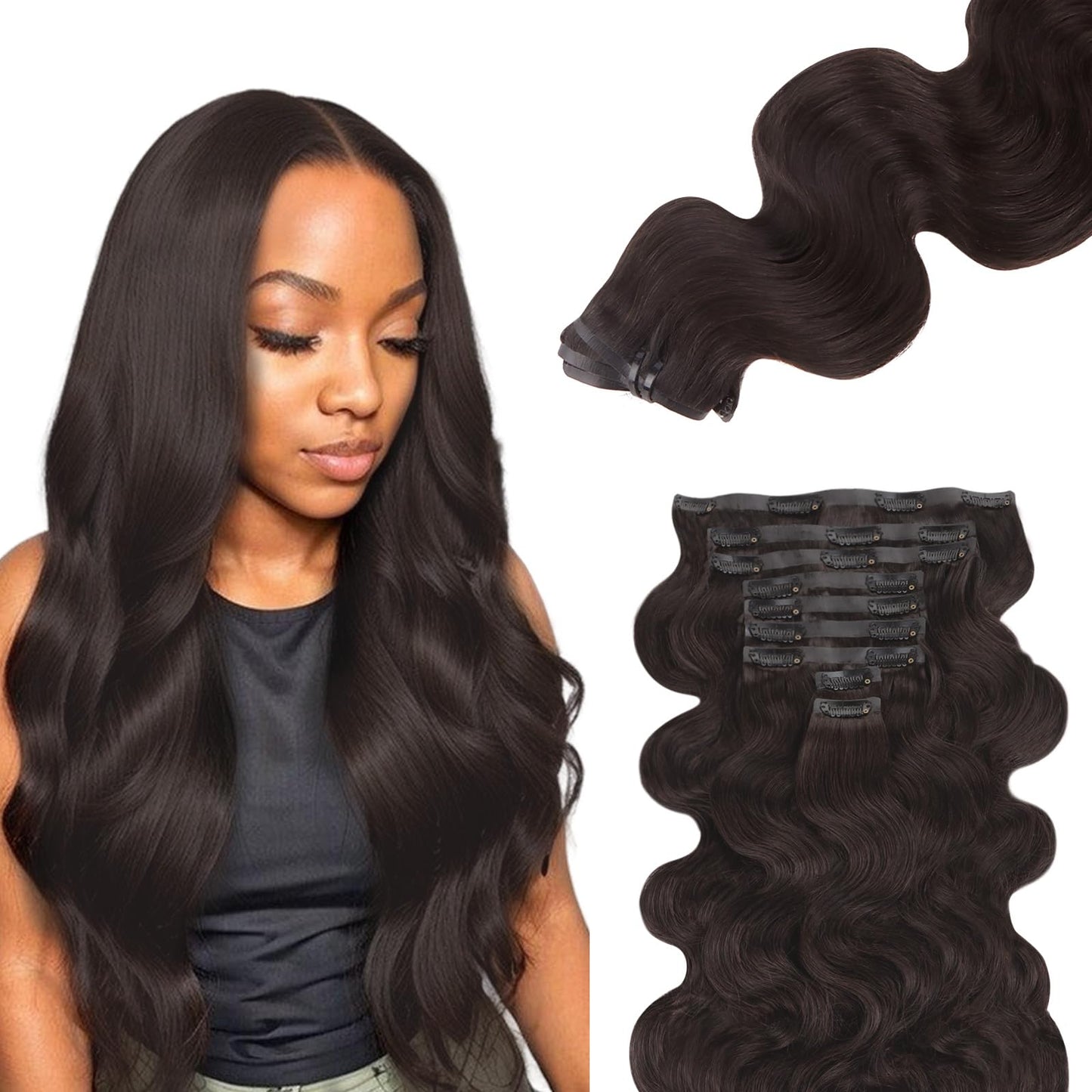 Lashey Seamless Clip In Hair Extensions Human Hair 130G 9Pcs 14 Inch Body Wave #2 Dark Brown Clip In Hair Extensions For Women P