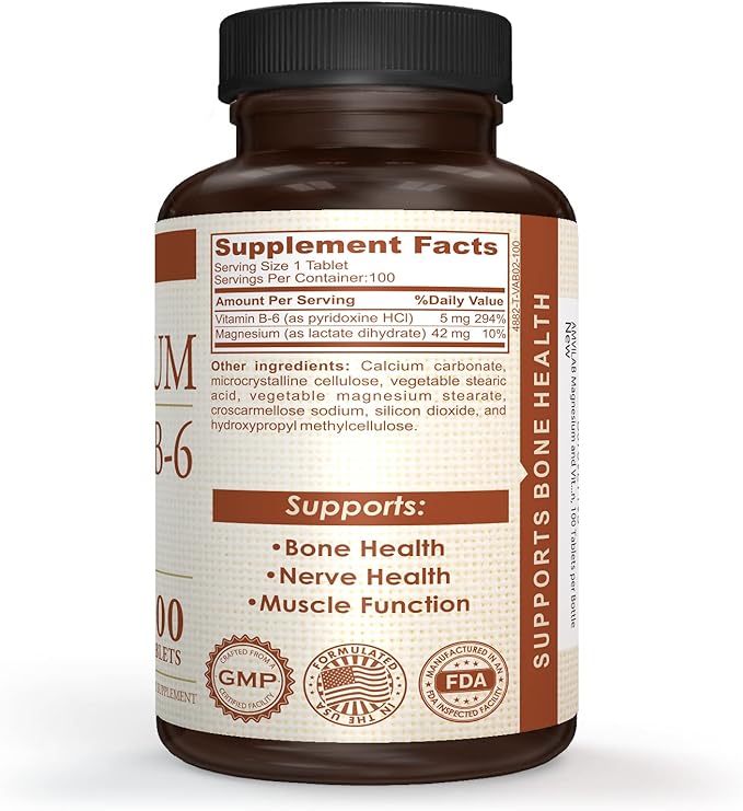 Magnesium & Vitamin B6 - Helps Maintain Muscle Health - Supports Brain Health & Nerve Function - Helps Daily Vitality & Sleep Quality - Recovery Boost - Dietary Supplement - 100 Tablets