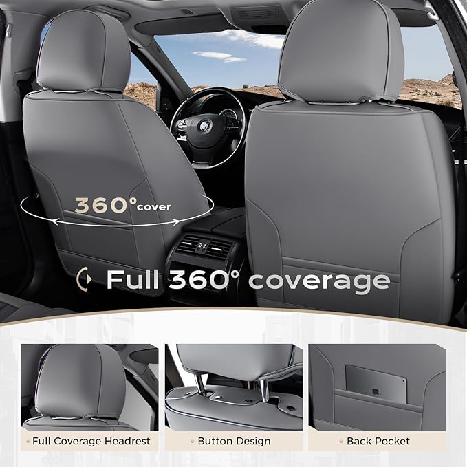 Coverado Car Seat Covers Full Set, Seat Covers for Cars, Car Seat Cover, Car Seat Protector, Leather Car Seat Cushion, Waterproof Car Seat Covers Front Seats and Back Fit for Most Cars(Gray&Black)