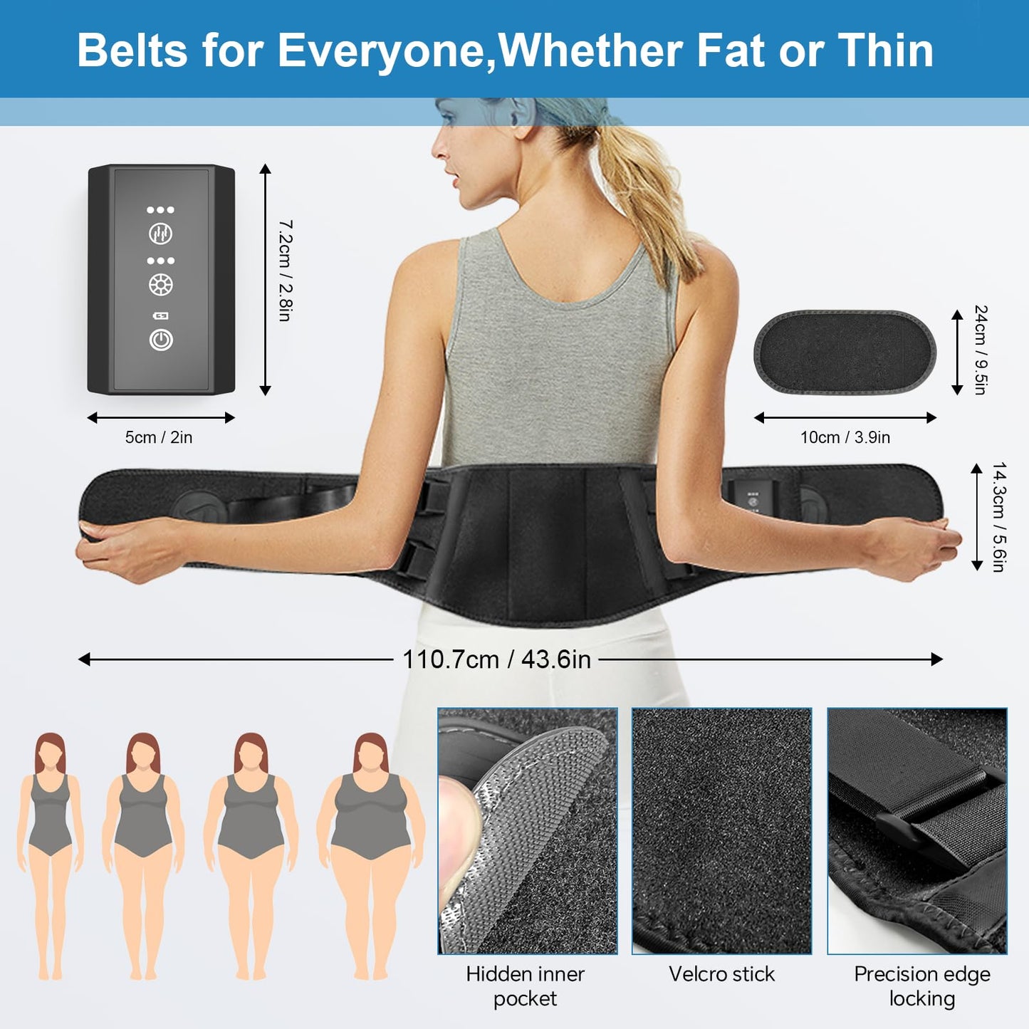 Heating Pad for Period Cramps Back Pain Relief,Electric Heating Pad for Low Back Massager,3 Heat, Black,43"x 6" +20" Extended Belt Gifts for Women/Men/Mom