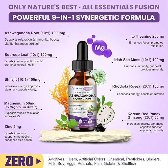 Liposomal Ashwagandha Liquid Drops, Ultra Strength Ashwa Root Extract Supplement with Shilajit, Ginseng, Magnesium, Soursop, L-Theanine, 60ml