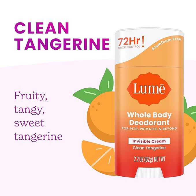 Lume Whole Body Deodorant - Invisible Cream Stick - 72 Hour Odor Control - Doctor Developed - Aluminum Free, Baking Soda Free and Skin Loving - 2.2 Ounce (2 pack) (Soft Powder & Clean Tangerine)