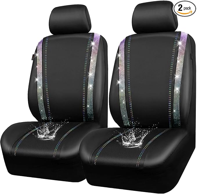 CAR PASS Leather Bling Diamond Car Seat Covers 2 Front Interior Sets, Waterproof Universal Shining Glitter Crystal Sparkle Fit for 95% Auto Truck SUV Cute Women Girl, Black Multicolor Rhinestone