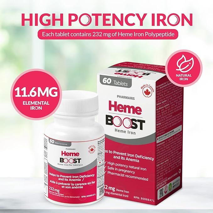 Hemeboost 11.6mg (232mg Heme Iron) I 60 Tablets I High Potency Natural Iron Supplement I High Absorption & Gentle on Stomach I Iron Pills for Adults & Safe for Use in Pregnancy