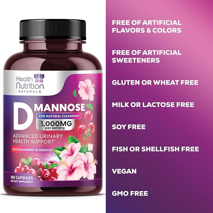 D-Mannose with Cranberry, Hibiscus & Dandelion 1350mg Advanced Formula – Urinary Tract Support Supplement for Women & Men – Flush & Cleanse Impurities – Non-GMO, Vegan for Women & Men – 180 Capsules