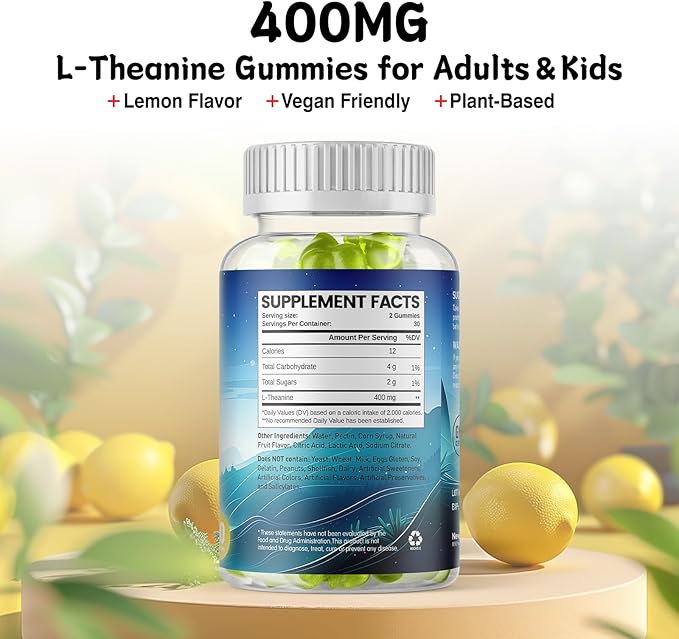 l theanine Gummy, l-theanine 400mg Supplement for Adults & Kids, Organic l'theanine Chewable for Stress Relief, Focus and Relaxation, Vegan, 120 Gummies