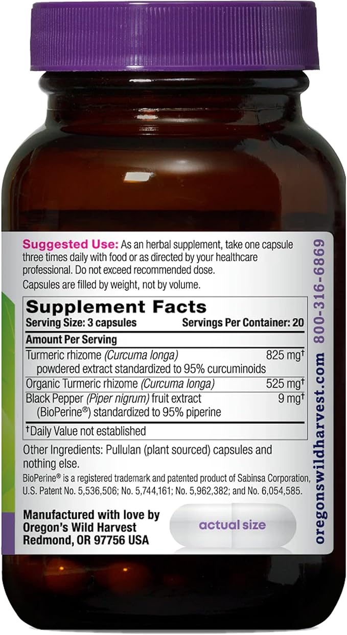Oregon's Wild Harvest, Turmeric Curcumin Supplement Vegan Capsules with BioPerine 1350 MGS, 60 Count