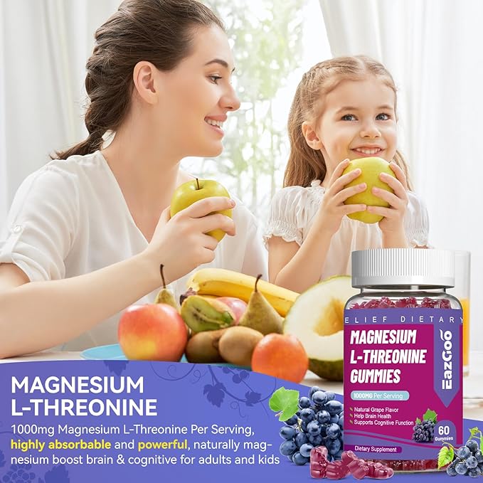 Magnesium Threonine Gummies 1000mg, L-Threonine Gummies for Adults, Best Magnesium Supplements for Brain, Non-GMO, Gluten Free, Vegan, 60 Grape Magnesium Gummies, 30 Day Supply