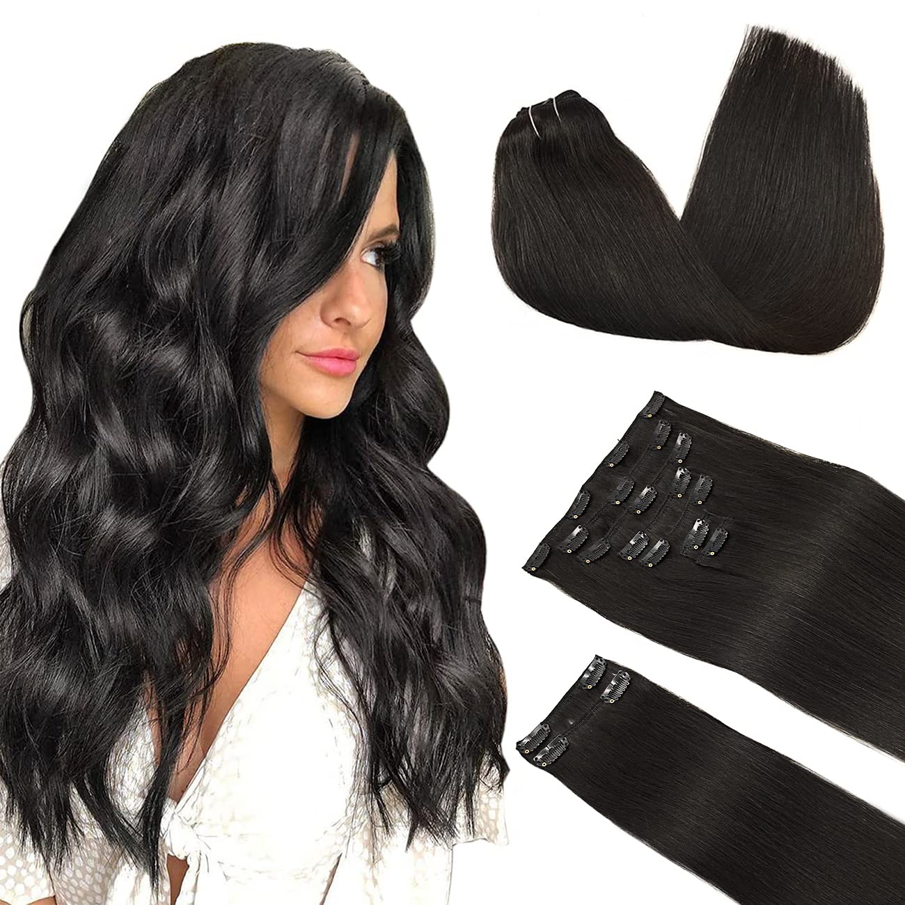 Doores Hair Extensions Clip In Human Hair, Natural Black 150G 9Pcs 20 Inch, Clip In Human Hair Extensions Real Clip In Natural H