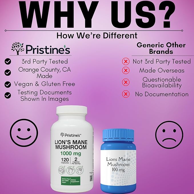 PRISTINE'S Lion's Mane Mushroom 1000mg (2 Pack) Brain Memory & Focus Adaptogen Supplement - 120 Day Supply - Cognitive Function & Immunity Health Memory Supplements for Adults - Vegan - Non-GMO