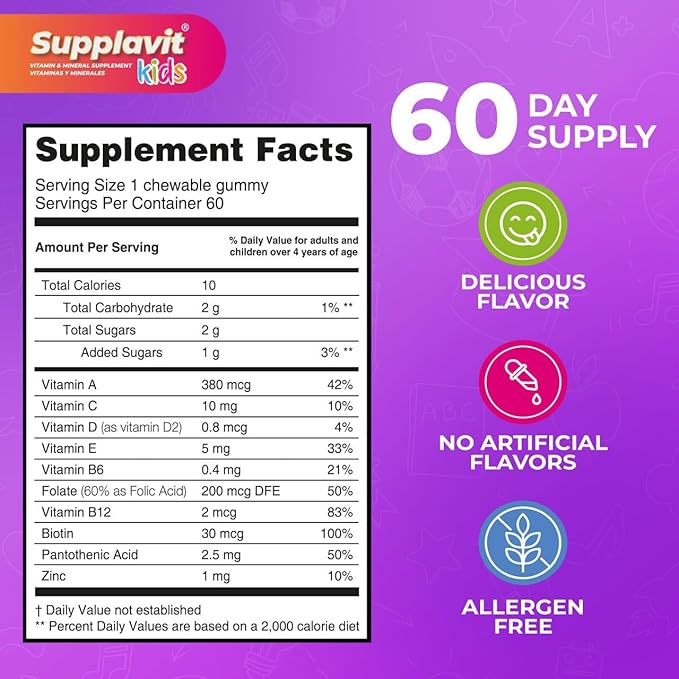 Kids Vitamins and Supplements, No Artificial Coloring, Allergen-Free for Healthy and Strong Children, Natural Fruit Flavors, Healthy and Delicious, (60 Gummies)