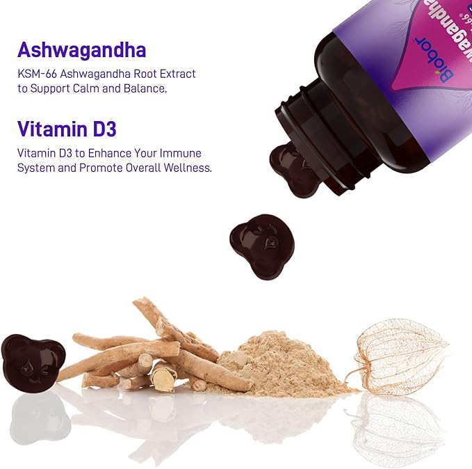 Ashwagandha Gummies, KSM-66 Ashwagandha Root Extract with Vitamin D3, Stress Support Immune Support for Adults - GMO Free, Gluten Free (Raspberry, 60 Count)
