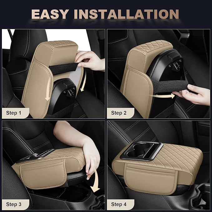 Center Console Cover Fit for Land Cruiser Faux Leather Car Armrest Cushion with Storage Bags, Cup Holder ＆ Phone Storage Multifunctional Middle Console Cover(Beige)