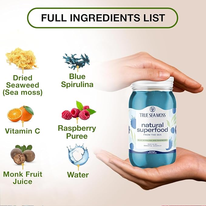 TrueSeaMoss Sea Moss Gel – Made in USA – Wildcrafted Seamoss, Fresh Fruits & Sea Vegetables – Blue Spirulina, Pack of 3 (Labels may Vary)