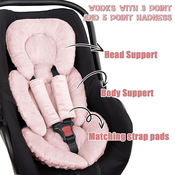 GFU Infant Car Seat Insert Head and Body Support, Reversible Newborn Insert for Carseat with Strap Pads, Soft Stroller Cushion Pillow Insert for Boys and Girls, Fits for Stroller, Swing, Pink