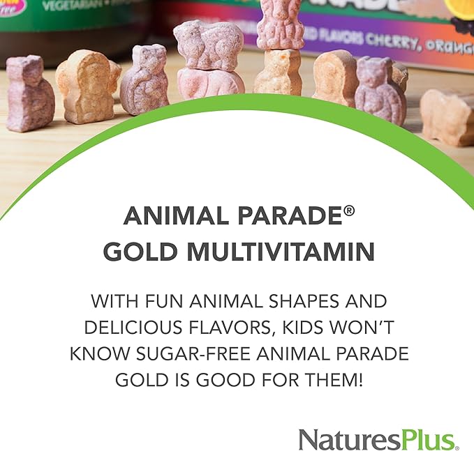 NaturesPlus Animal Parade Gold Children's Multivitamin - Assorted Cherry, Orange & Grape Flavors - 120 Animal-Shaped Chewable Tablets, Pack of 3 - Vegan, Gluten Free - 180 Total Servings