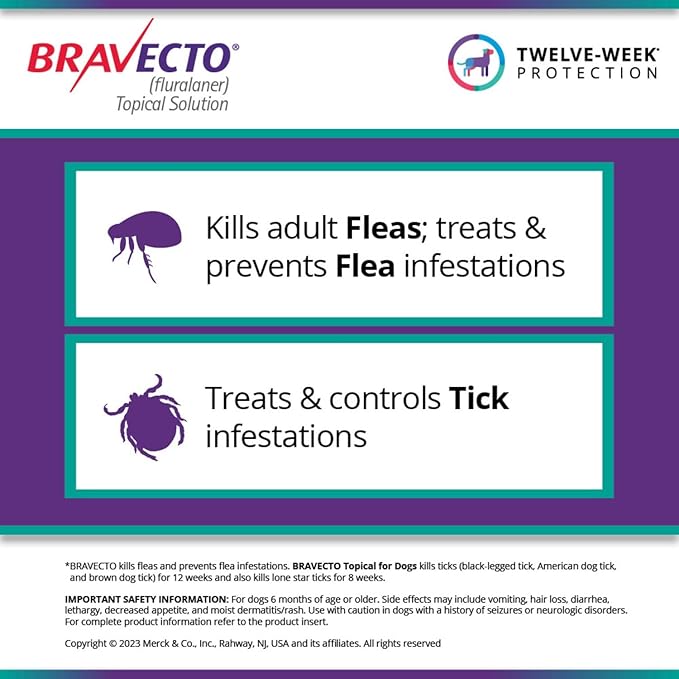BRAVECTO Topical Solution for Dogs, Flea & Tick, 12 Week Supply, >22-44 lbs., Green Box