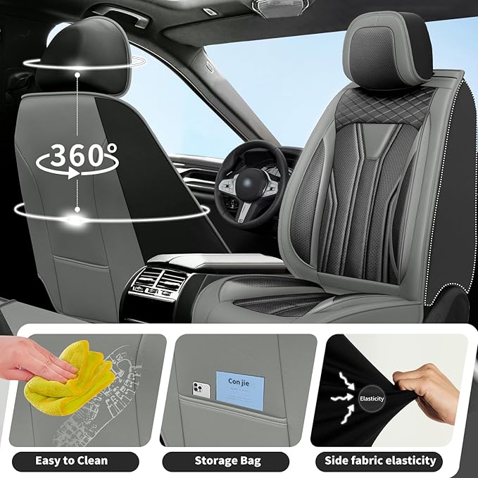 Fit Leaf Car Seat Covers Compatible with Nissan Leaf 2012-2025 2026 - Premium Leather， Waterproof Breathable， All-Weather Seat Cushion Protecto&Airbag Compatible (2 Front Seat Gray&Black)
