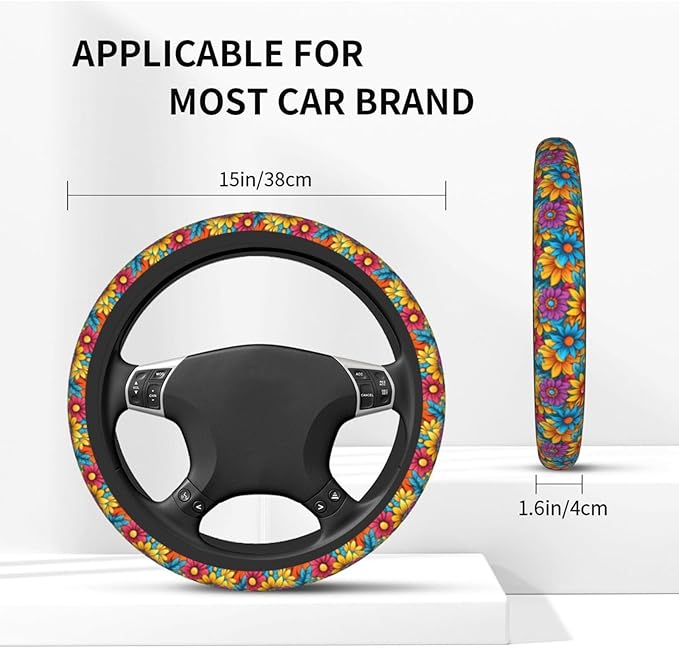 Lovely Flowers Cute Steering Wheel Cover Non-Slip Breathable Sweat-Absorbent Suitable for SUV Van Truck Car Universal Protection Accessories 15 Inch Suitable for Women Men