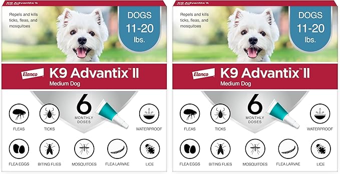 K9 Advantix II Medium Dog Vet-Recommended Flea, Tick & Mosquito Treatment & Prevention | Dogs 11-20 lbs. | 6-Mo Supply (Pack of 2)