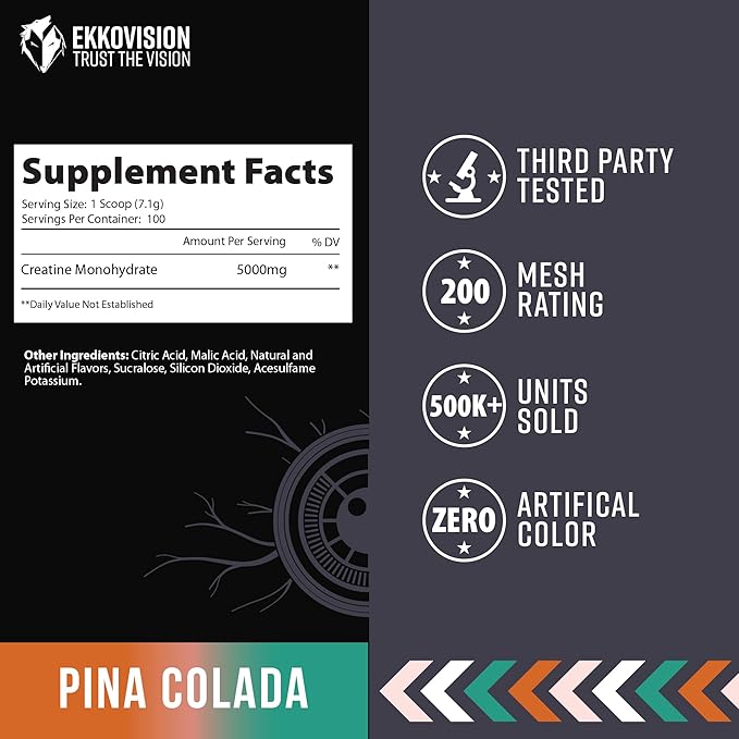 Creatine Monohydrate Powder, Micronized, Pina Colada, Pre Workout & Post Workout Supplement for Men & Women, Energy Support, Easy to Mix in Shakes, Smoothies & Beverages, 100 Servings