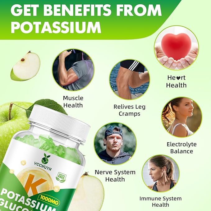 Potassium Gummies 1000mg for Adults & Kids, High Dose Potassium Gluconate Supplement Potassium Gluconate Gummies Support Muscle Cramps Electrolyte Balance, Apple Flavor 120 Count